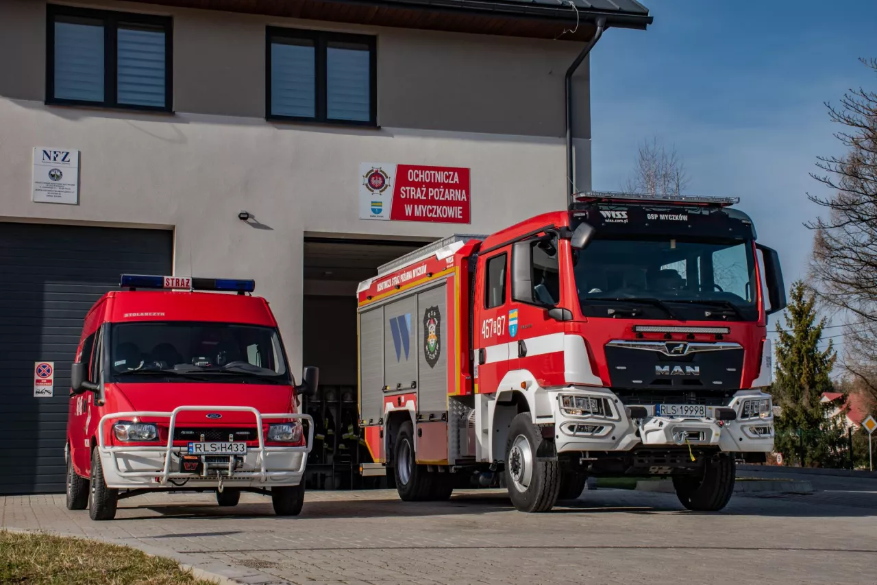 Lekki samochód Ford Transit oraz średni samochód ratowniczo-gaśniczy MAN 13.290 na twyposażeniu jednostki