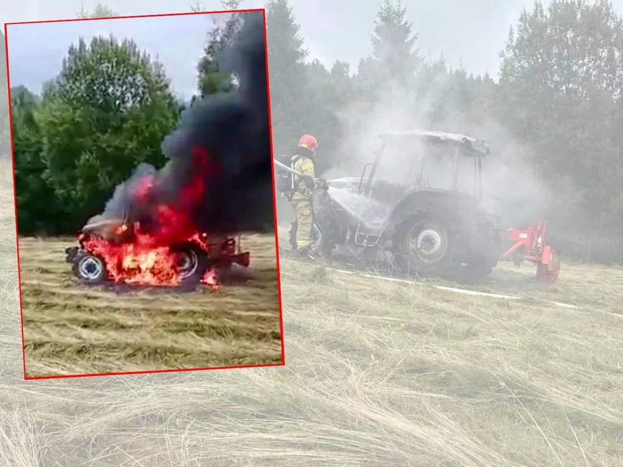 Ciągnik błyskawicznie został objęty płomieniami.