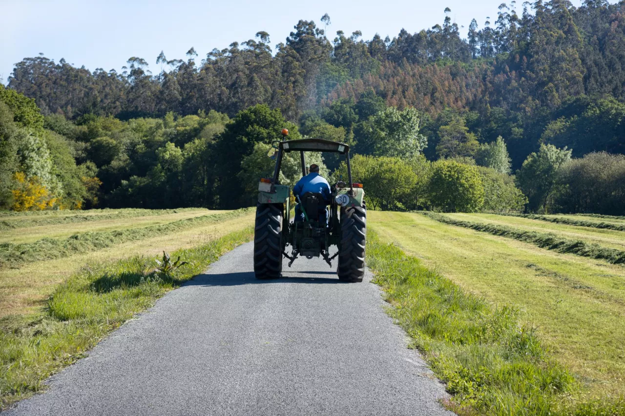 Scene of a old tractor seen from behind on a road in a rural area. Galicia, Spain