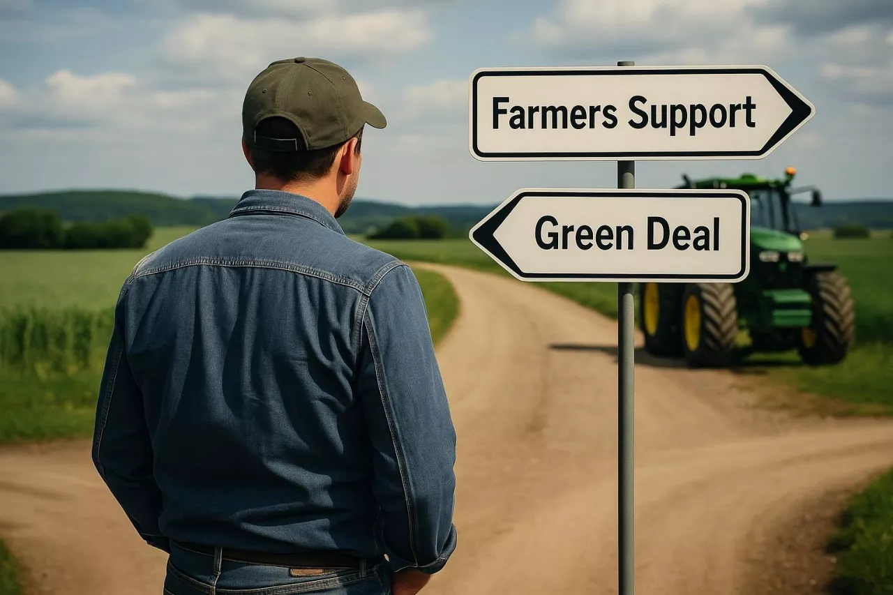Rolnik stoi na wiejskiej drodze przed ciągnikiem, patrząc na dwa drogowskazy: ”Farmers Support” i ”Green Deal”. Symboliczne ujęcie dylematu polityki rolnej w UE.