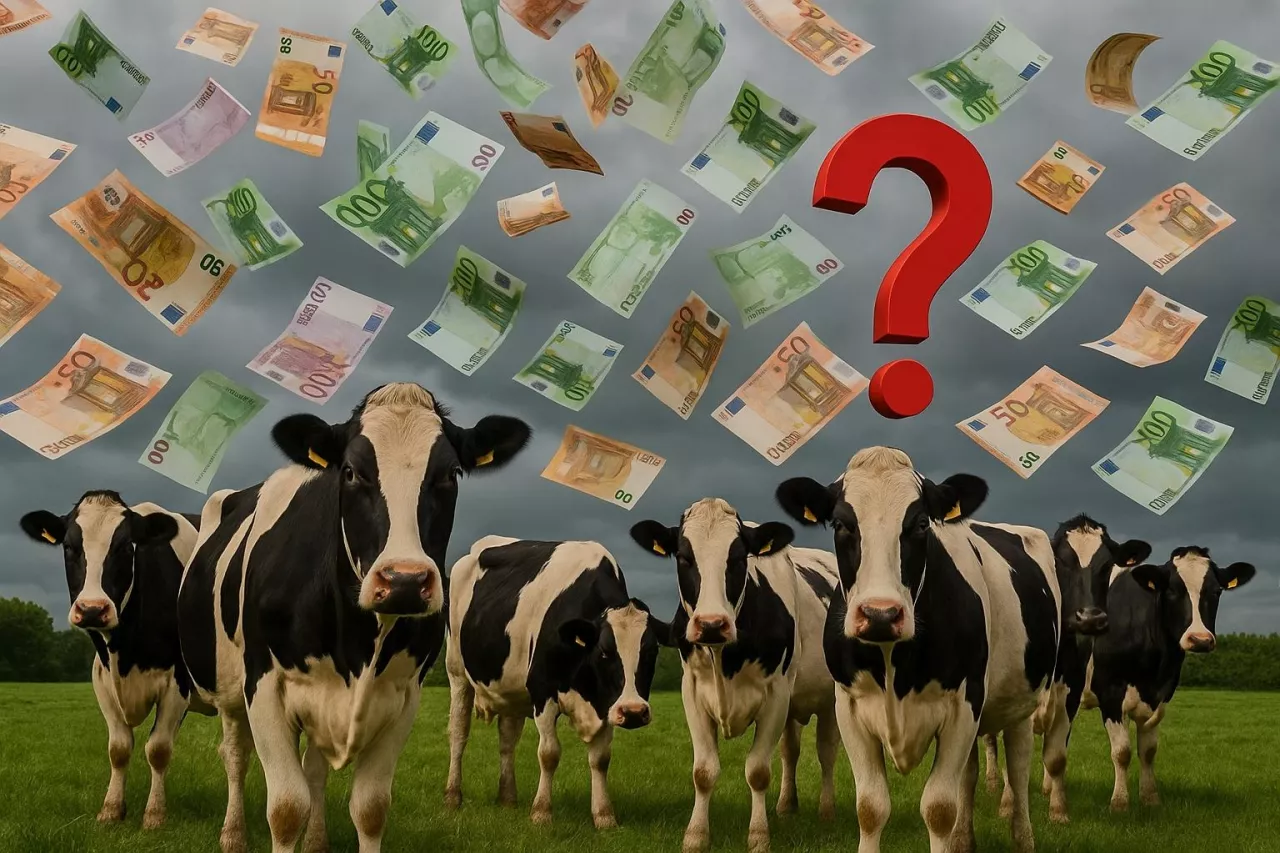 Krowy, euro i znak zapytania – symboliczna grafika o dyskusji na temat finansowania WPR 