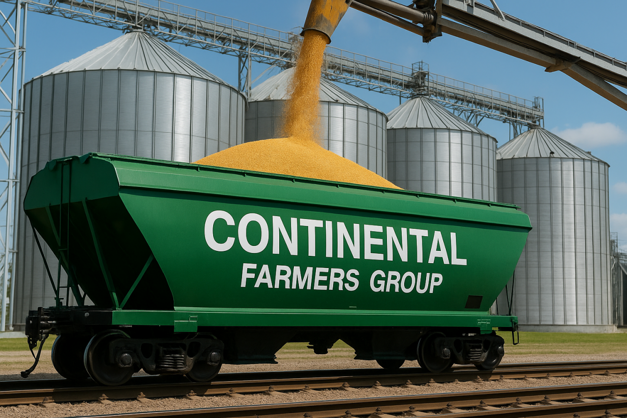 Wagon zbożowy oznaczony logotypem Continental Farmers Group podczas załadunku przy silosach. Firma należy do saudyjskiego funduszu SALIC i eksportuje zboże z Ukrainy do UE