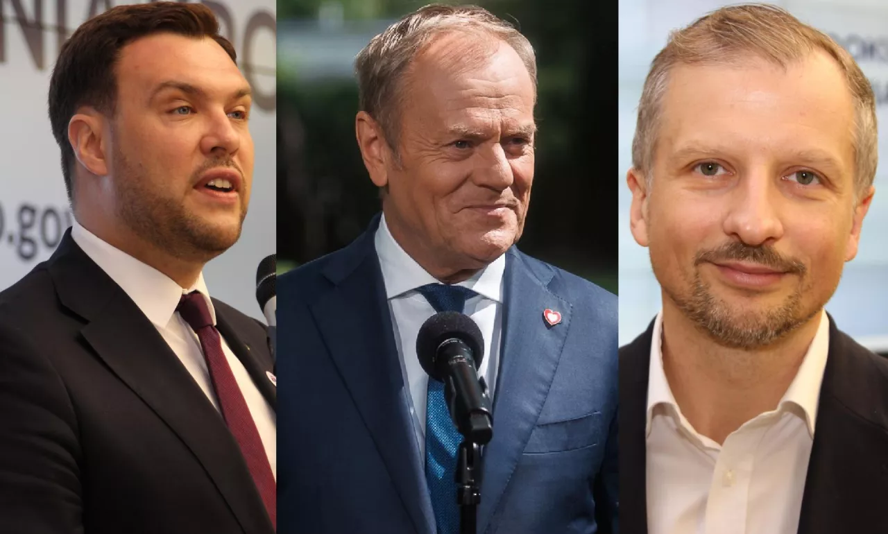 Wiceminister rolnictwa Adam Nowak, premier Donald Tusk i wiceminister resortu klimatu i środowiska Mikołaj Dorożała 