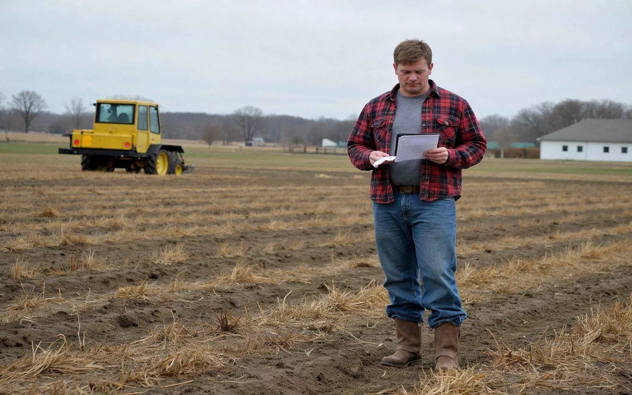 Rolnik stoi z dokumentami na polu, w tle maszyna rolnicza. Zdjęcie symbolizuje niepewność związaną z nowym systemem dopłat unijnych po 2027 roku, które mają być uzależnione od realizacji tzw. kamieni milowych Komisji Europejskiej.