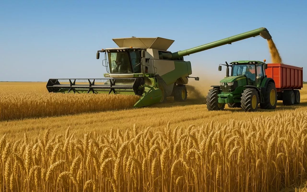 Żniwa pszenicy w Polsce – kombajn i traktor w pracy