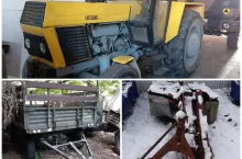 Ciągnik rolniczy, przyczepa rolnicza i kosiarka rotacyjna na jednym zdjęciu