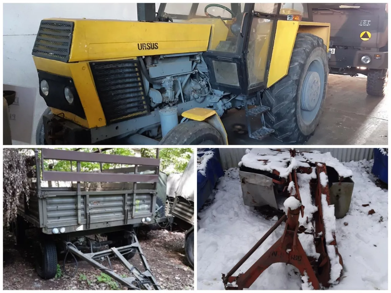 Ciągnik rolniczy, przyczepa rolnicza i kosiarka rotacyjna na jednym zdjęciu