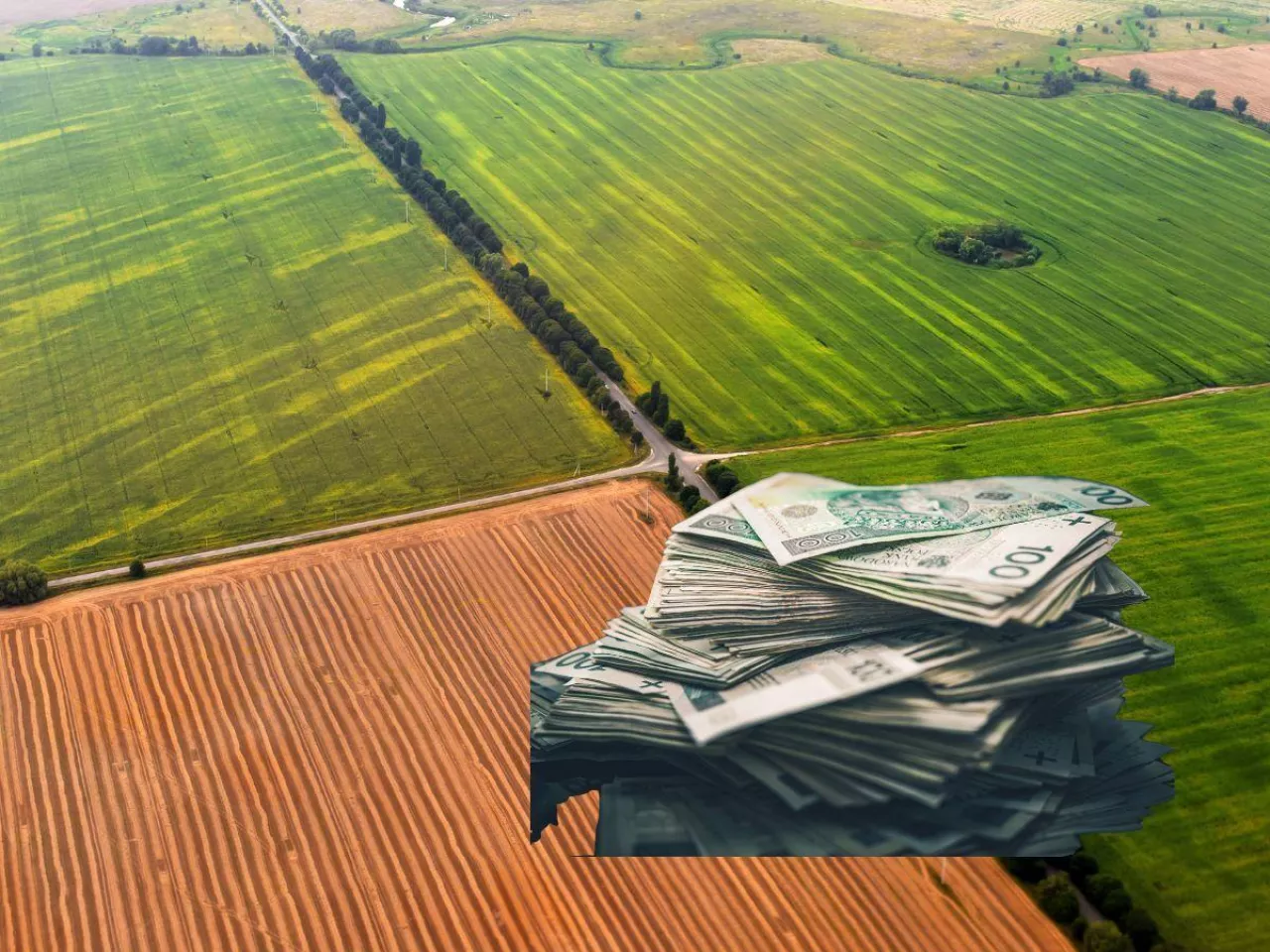 pola z lotu ptaka, po prawej banknoty polskie