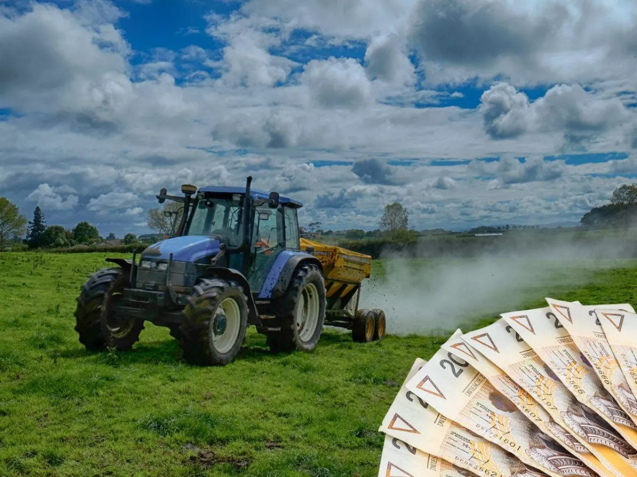traktor, pole, wapnowanie gleb, banknoty po prawej u dołu