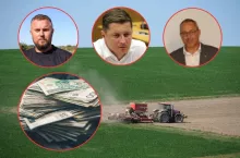 pole, traktor, głowy rolników, banknoty 