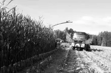 Czarno-białe zdjęcie przedstawiające sieczkarnię i wóz strażacki