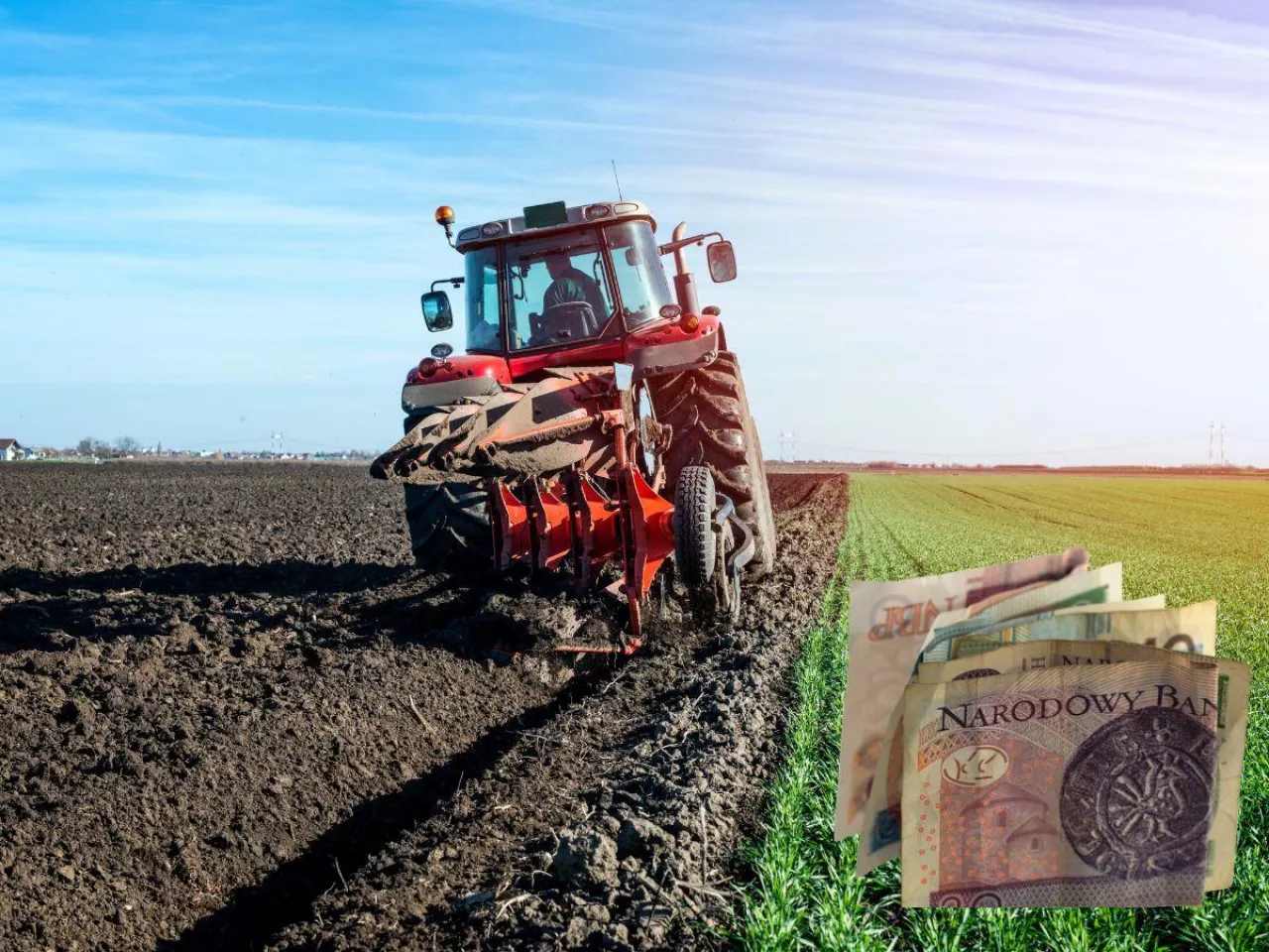 ziemia rolna, traktor, banknoty po prawej u dołu