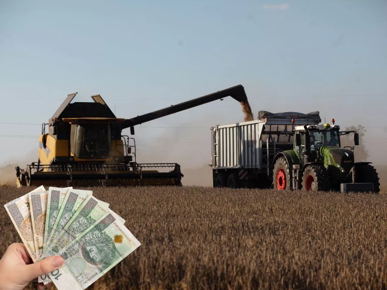 kombajn do zboża, ciągnik Fendt z przyczepą