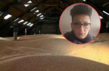 magazyn ze zbożem, twarz rolniczki