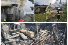 Trzy zdjęcia zlepione razem przedstawiające akcję gaśniczą na terenie jednego z gospodarstw