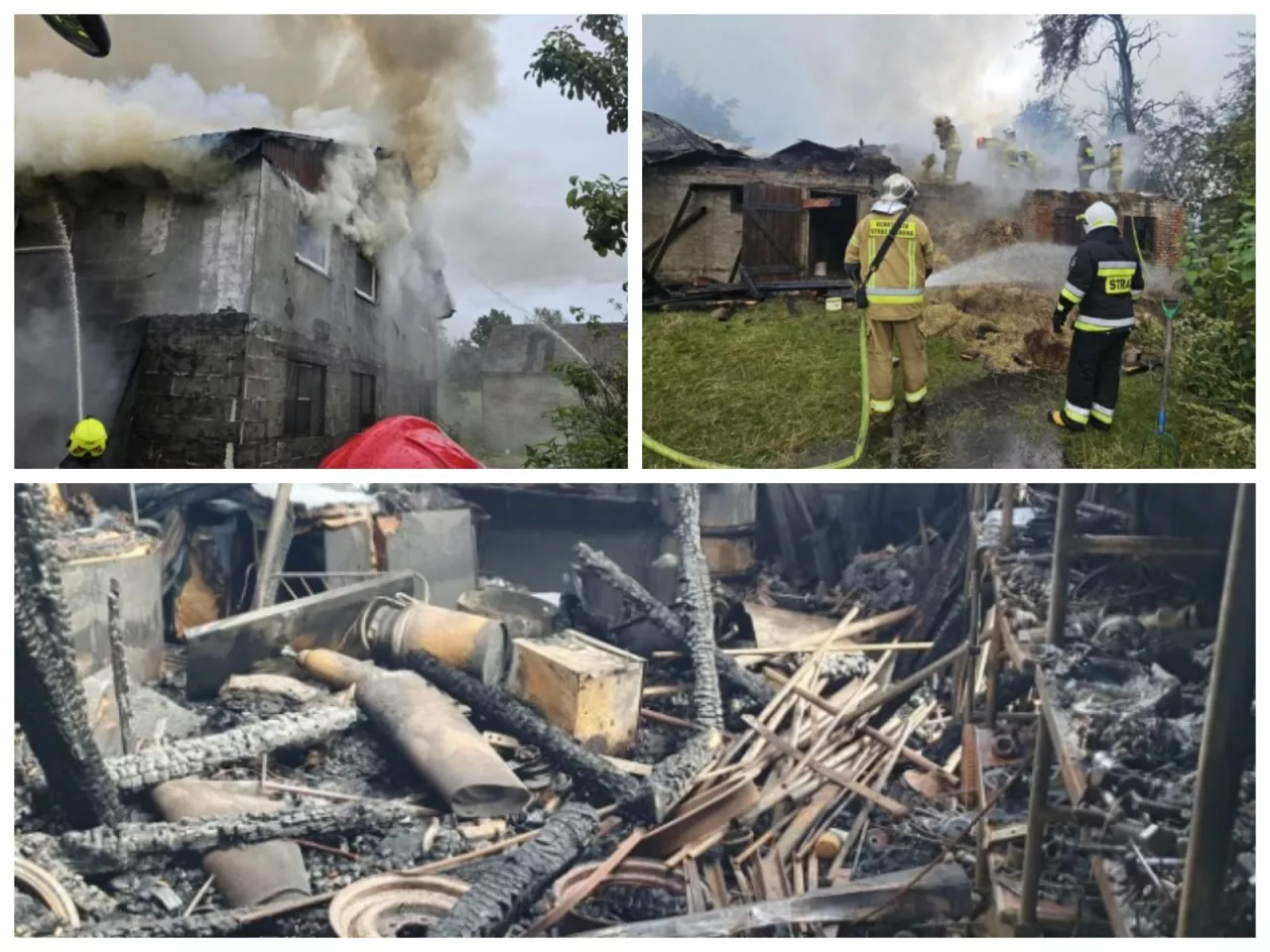 Trzy zdjęcia zlepione razem przedstawiające akcję gaśniczą na terenie jednego z gospodarstw