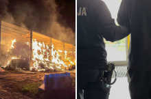 Dwa zdjęcia w jedno. Na lewym paląca się wiata z balotami na prawym policjant trzymający aresztanta