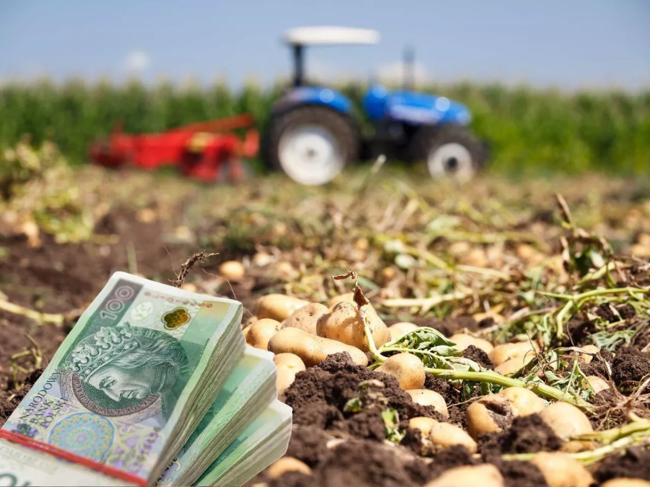 pole z ziemniakami, banknoty po lewej na dole, w oddali traktor