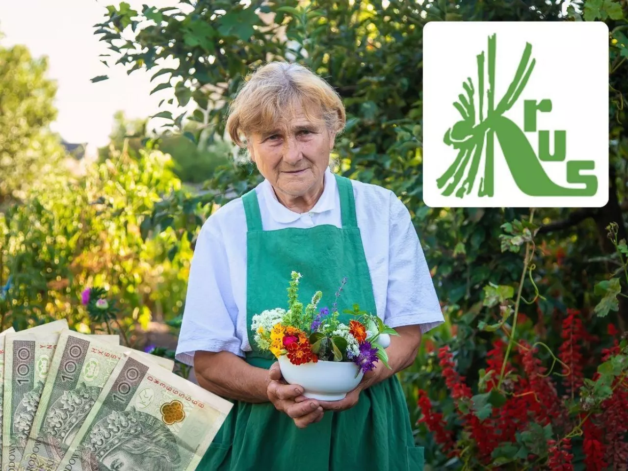 rolniczka, po prawej u góry logo KRUS