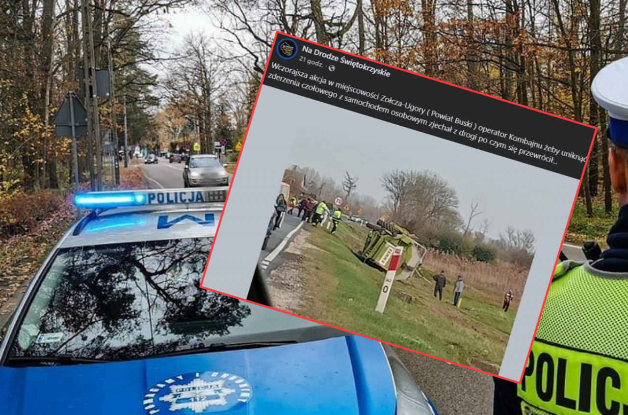 Kombajn wylądował w rowie. Nie chciał zderzyć się z autem