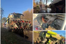 Zlepek 4 zdjęć w jedno pokazujących akcję gaśniczą kombajnu prowadzoną na drodze