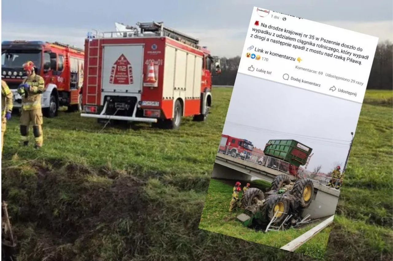 Strażacy przy korycie rzeki i ciągnik rolniczy na dachu, który spadł z mostu