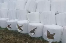 Pocięte baloty, rolnik