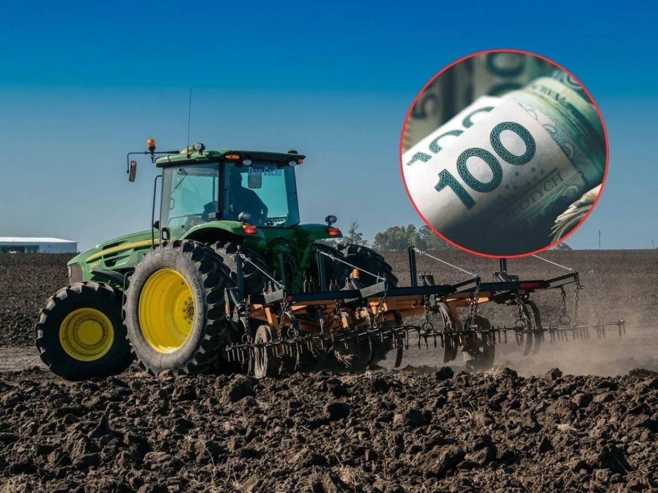 pole, traktor, banknoty 