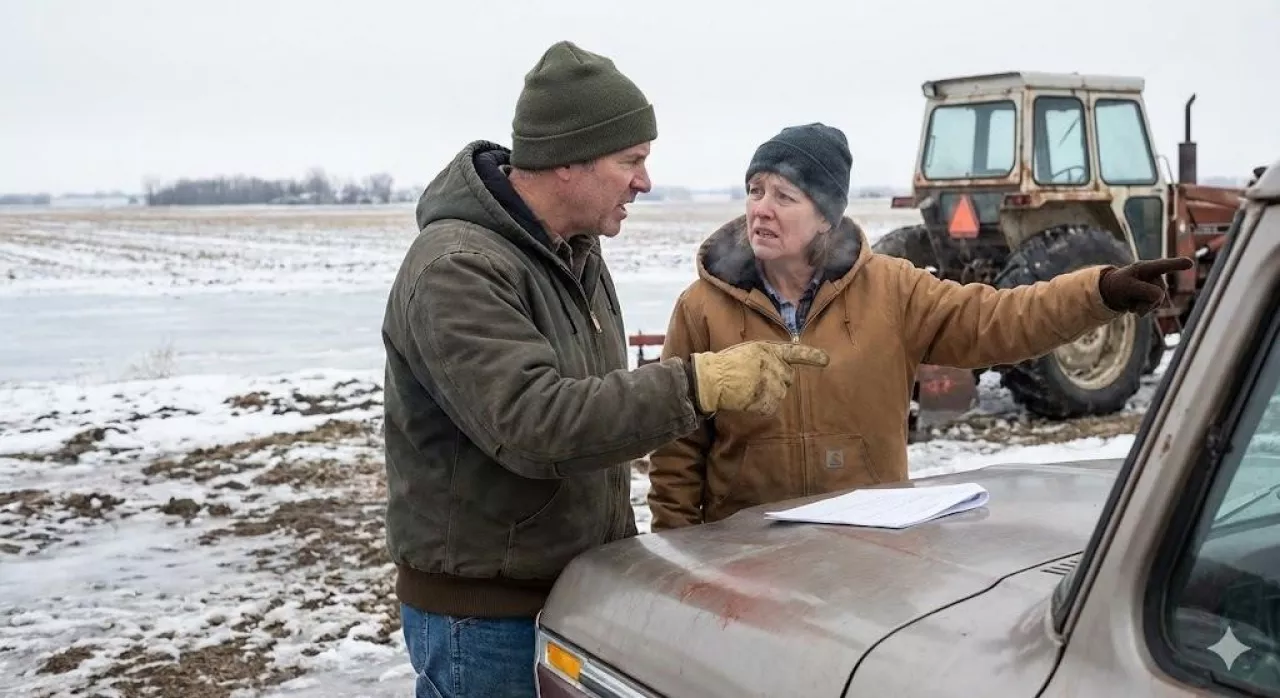 Para wykłóca się o dzierżawę ziemi w zimowej scenerii