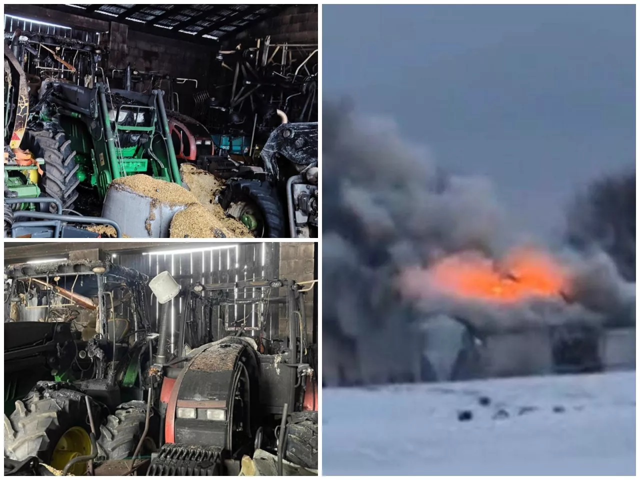 Trzy zdjęcia przestawiające pożar gospodarstwa rolnego i jego skutki zlepione w jedno zdjęcie