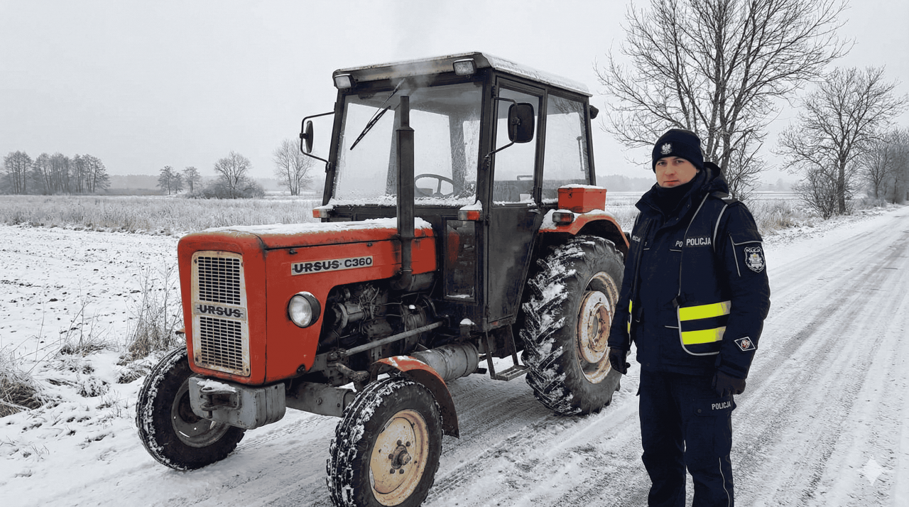 Policjant stojący przed czerwonym ursusem