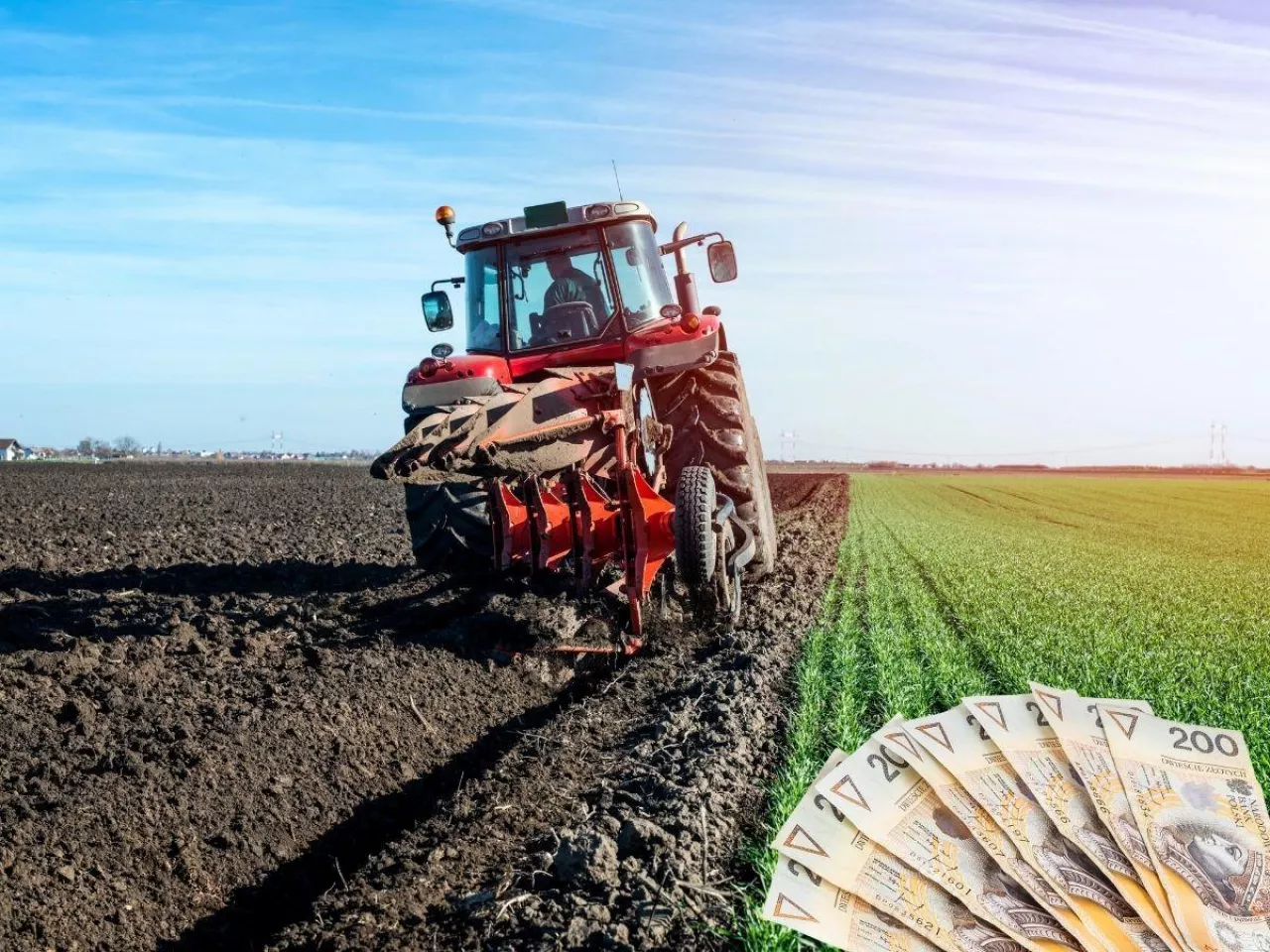 pole, traktor, banknoty w rogu po prawej w dole