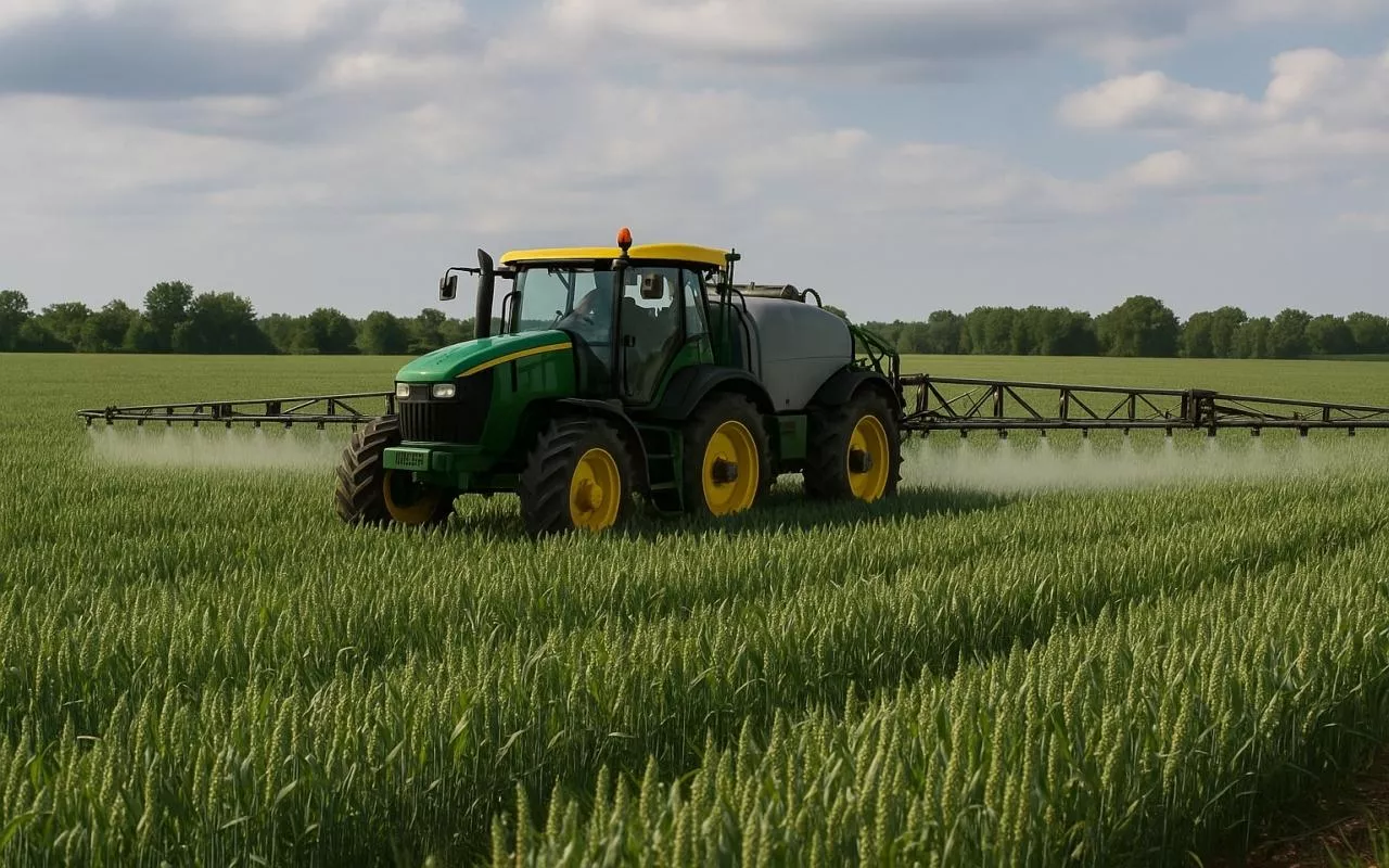 Nowoczesny zestaw do ochrony roślin wykonuje oprysk w łanie zbóż. Widoczny jest ciągnik z zamontowanym belkowym opryskiwaczem wykonujący zabieg agrotechniczny, bez widocznych oznaczeń producenta.