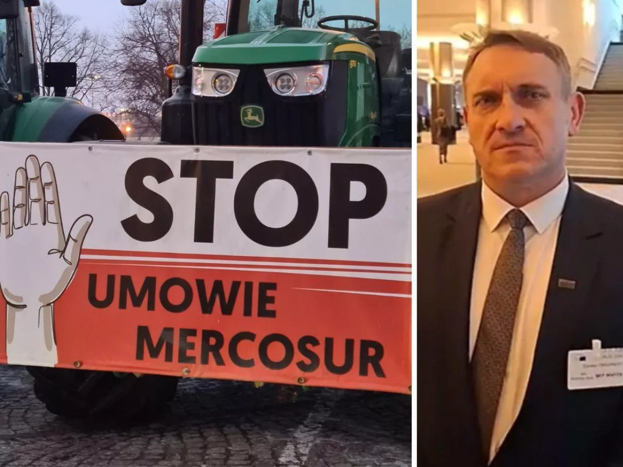 stop Mercosur baner na traktorze podczas protestu, twarz Obszańskiego Tomasza