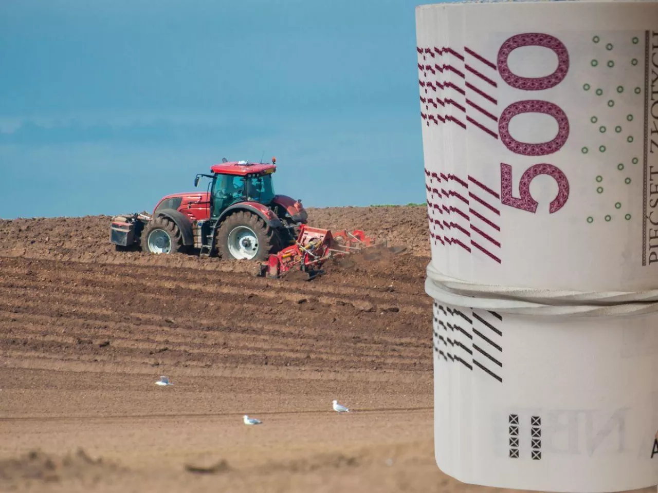 pole, traktor, polskie banknoty
