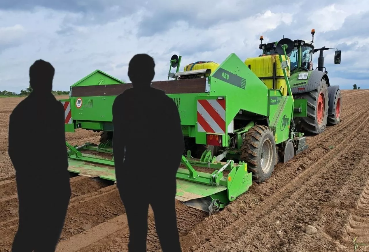 dwóch mężczyzn stoi tyłem, patrzy na pole i na ciągnik