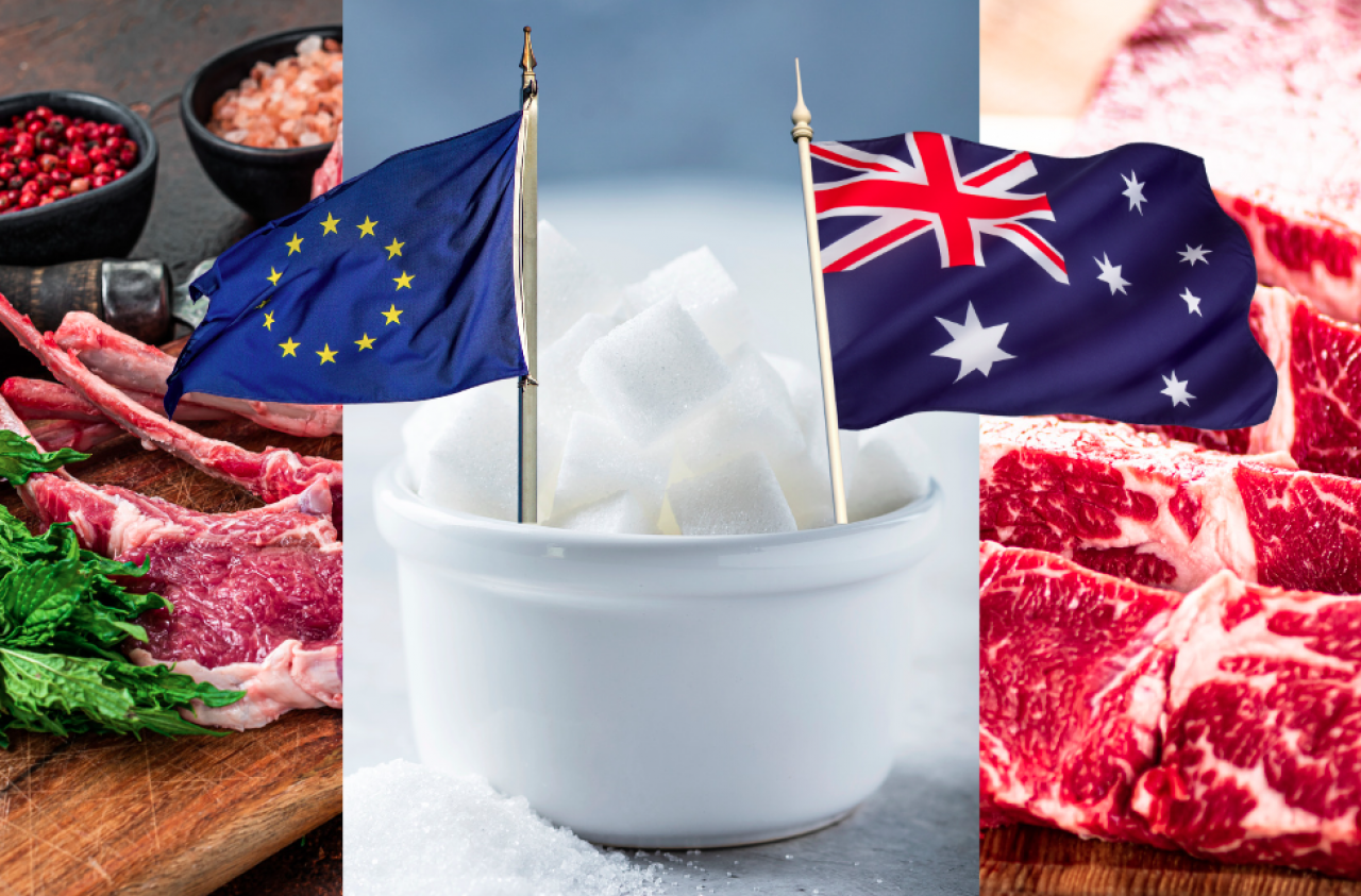 flaga UE, flaga Australii, produkty rolno-spożywcze, wołowina, mleko, cukier
