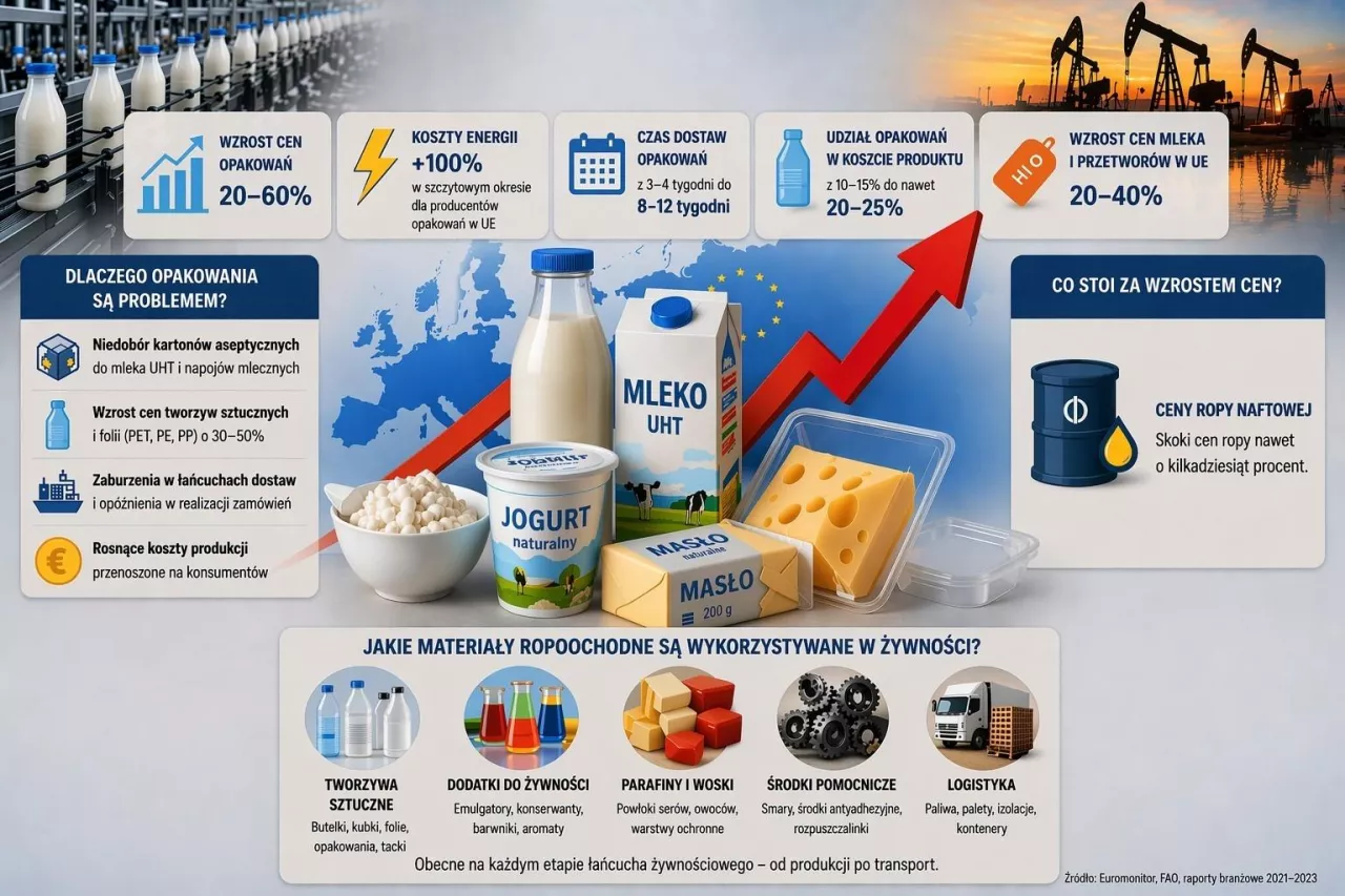 Nie tylko paliwo. Ropa podnosi ceny opakowań i uderza w mleczarnie