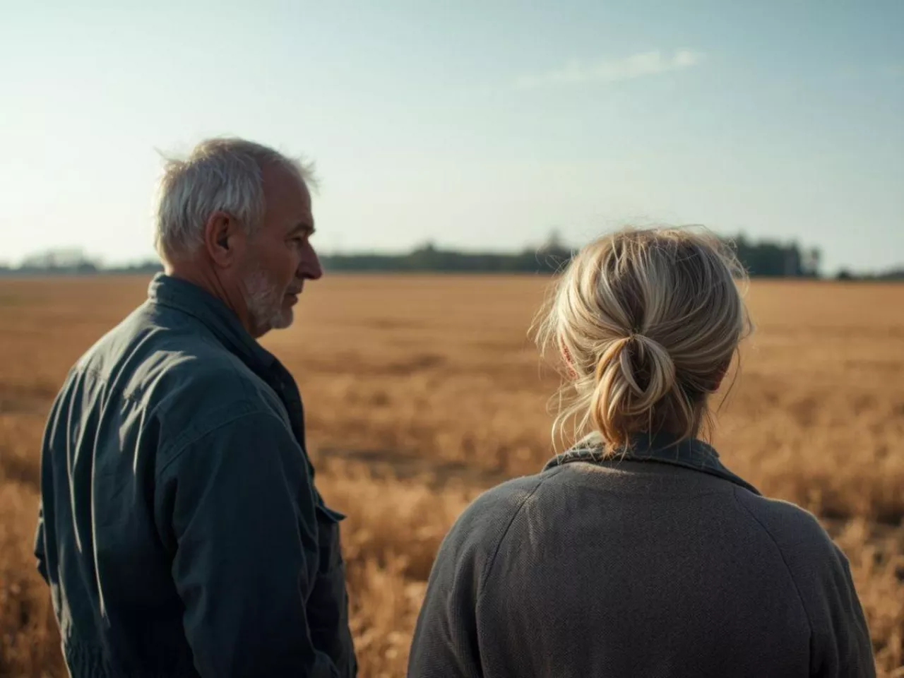 starszy rolnik i rolniczka tyłem stoją i patrzą na pole