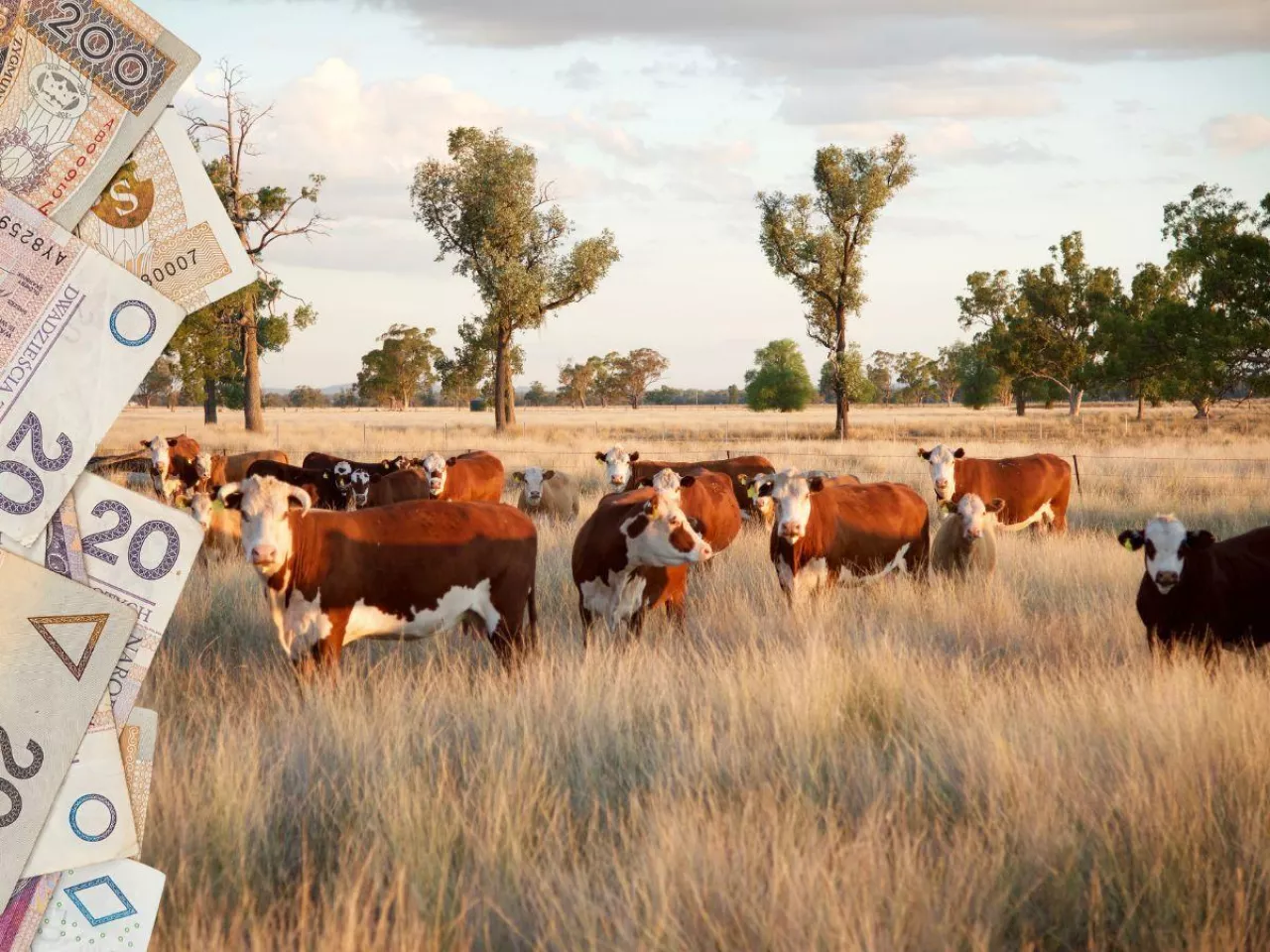 bydło na wybiegu, po lewej banknoty polskie