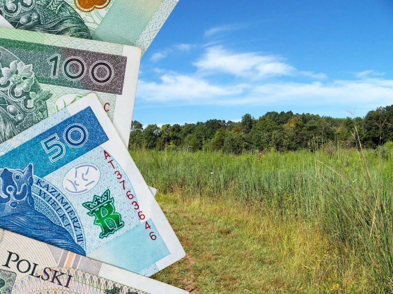 łąka, na tle łąki banknoty polskie