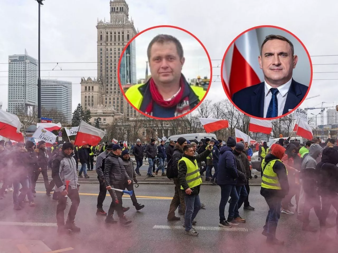 protest rolniczy w Warszawie, w kółeczkach twarze Wawrzyniak Adrian i Obszański Tomasz