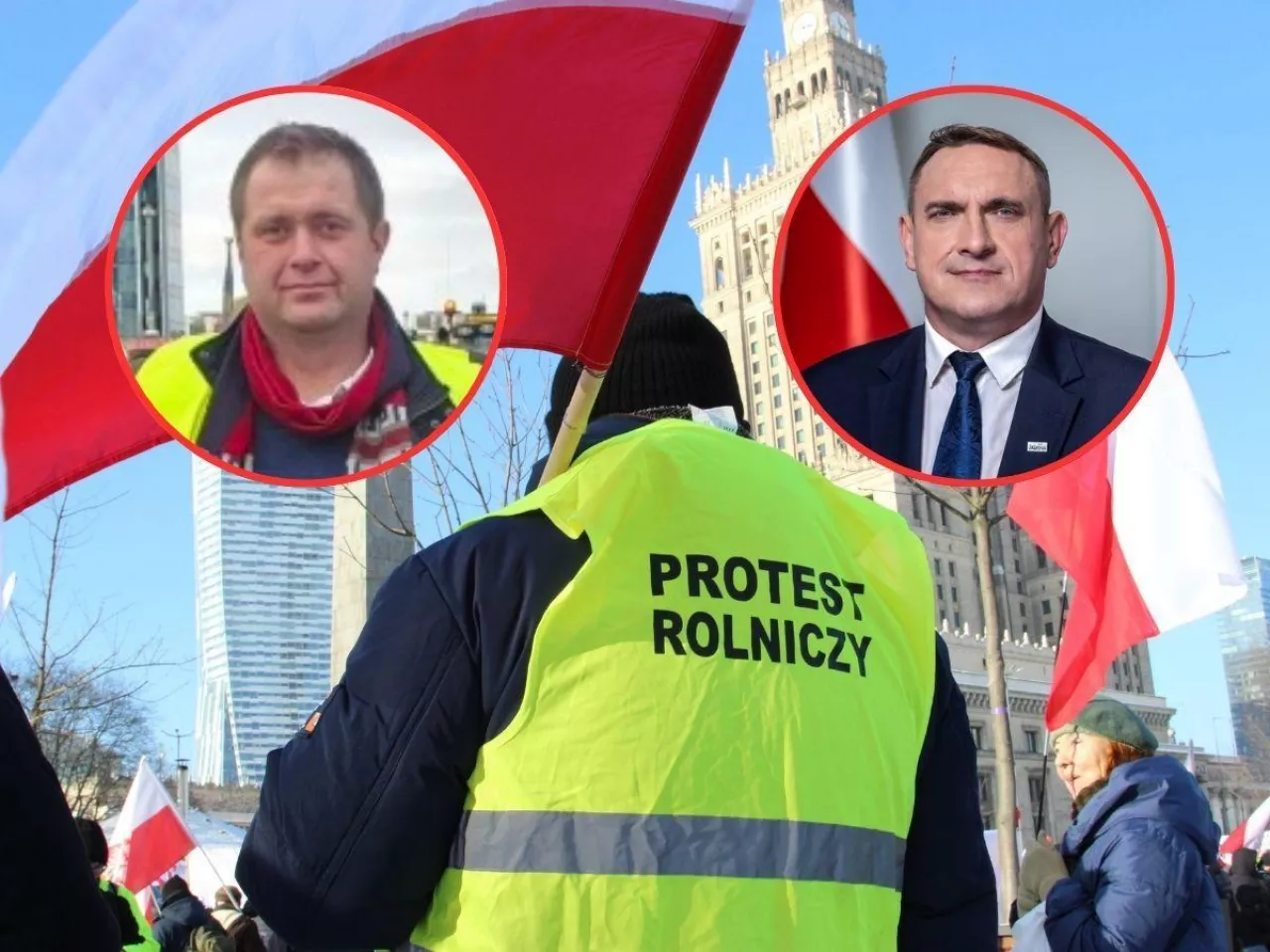 protest rolniczy w Warszawie, w kółeczkach twarze Wawrzyniak Adrian i Obszański Tomasz