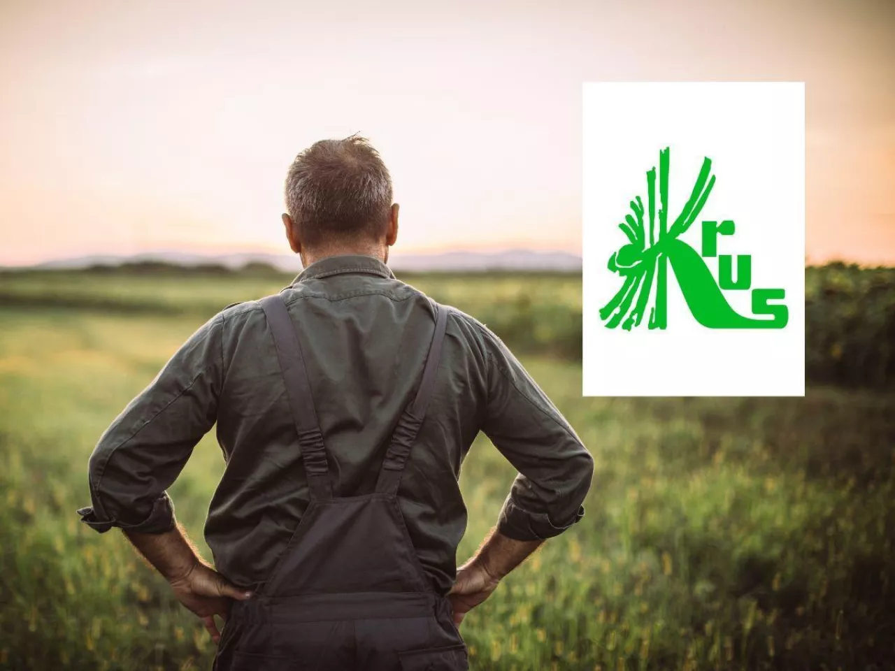 rolnik stojący plecami, patrzy na pole, po prawej u górze logo KRUS