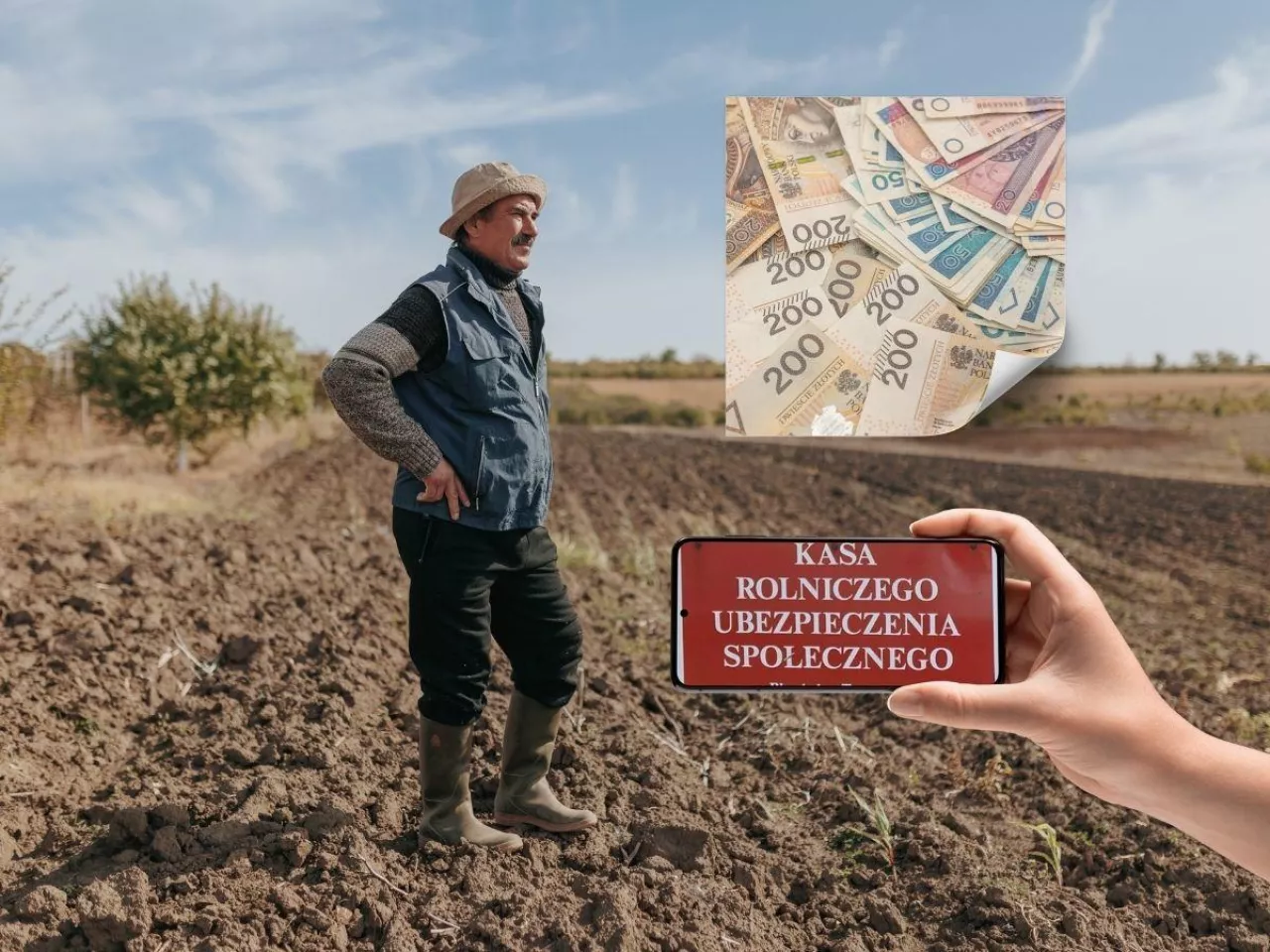 rolnik na polu, logo KRUS, banknoty polskie