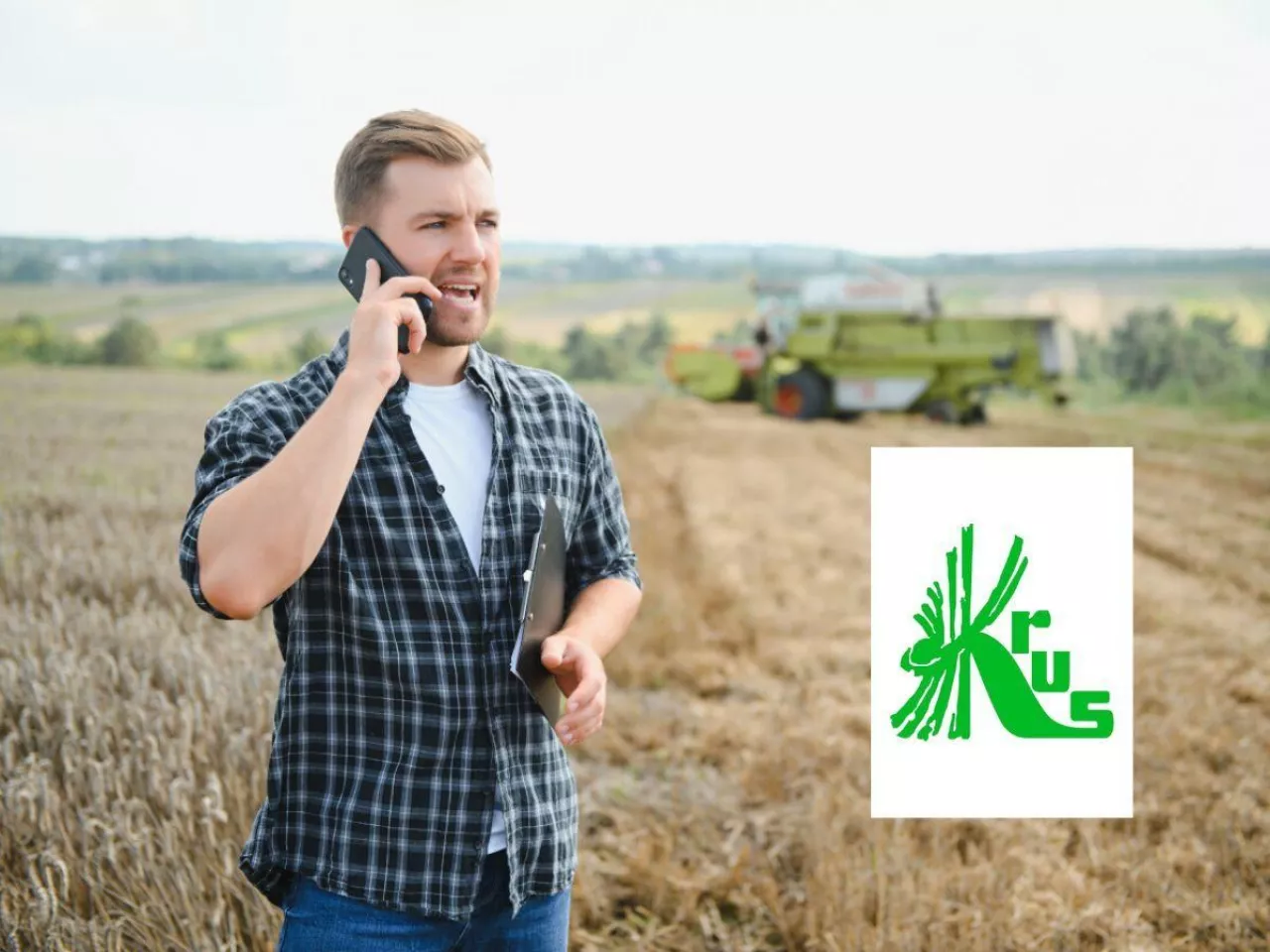 rolnik na polu rozmawia przez telefon komórkowy, logo KRUS na dole po prawej