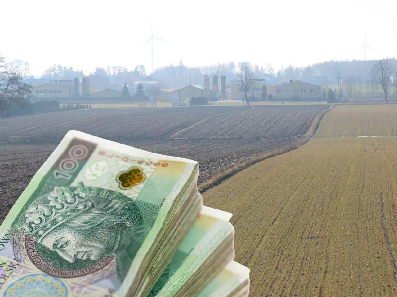 pola z lotu ptaka, banknoty polskie po lewej