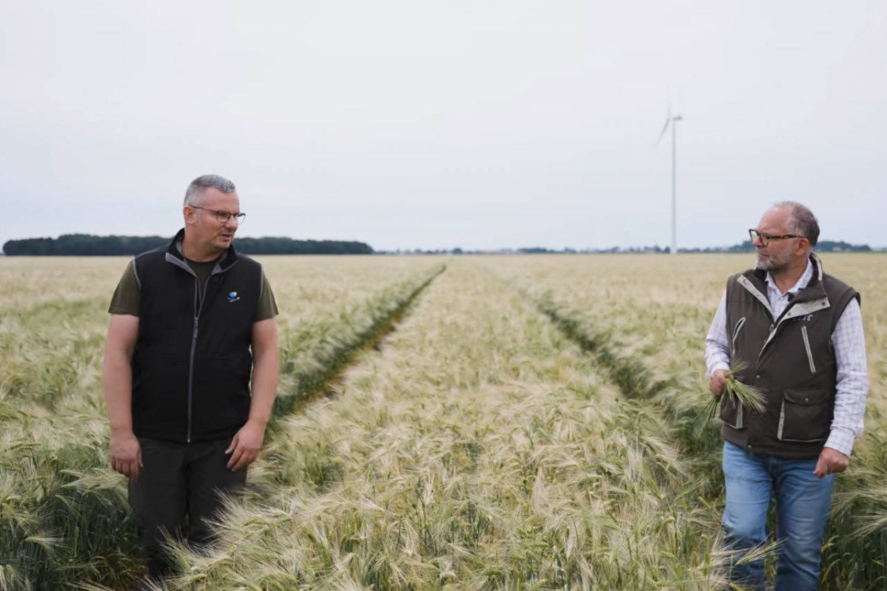 Przemysław Majchrzak, kierownik 1300-hektarowego gospodarstwa De Heus w Grabowie Królewskim, oraz Karol Bujoczek, Przewodniczący Rady Redaktorów AHM, na polu jęczmienia ozimego.