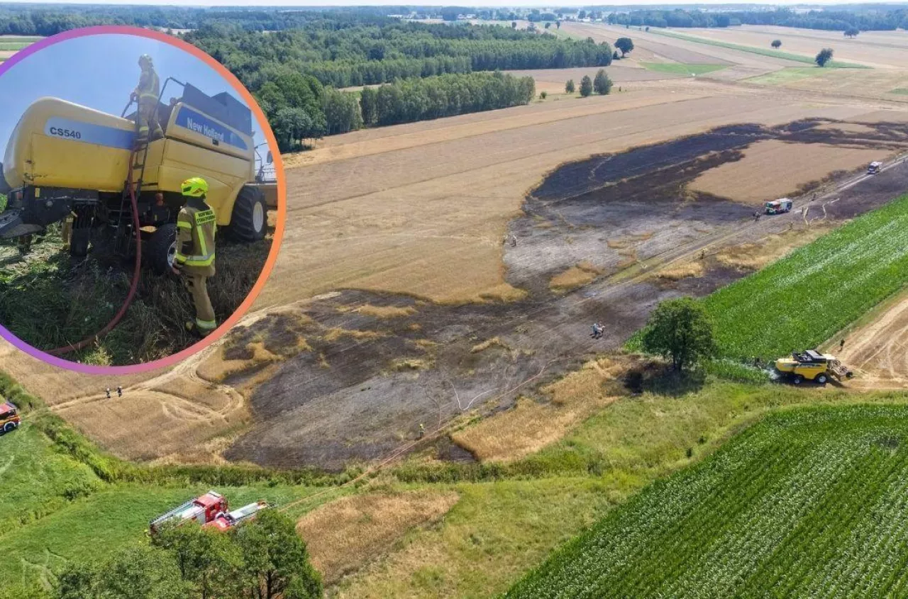 Pożar kombajnu i 2 hektarów pola w Trzciance. Strażacy w akcji na Mazowszu