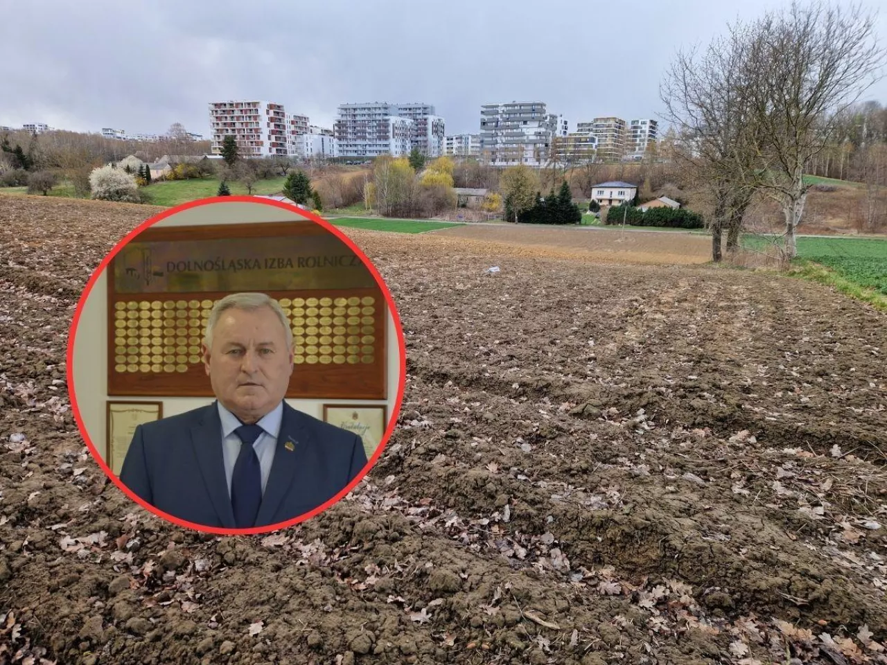 pole, w oddali bloki, w kółku twarz Ryszarda Borysa Prezesa DIR